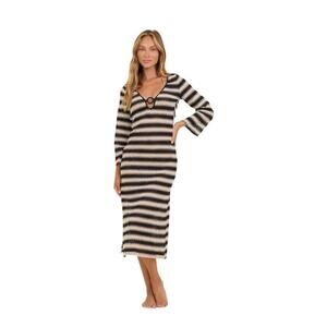 Surf Gypsy Havana Stripe Plunge Textured Woven Midi Dress Black & Cream Small